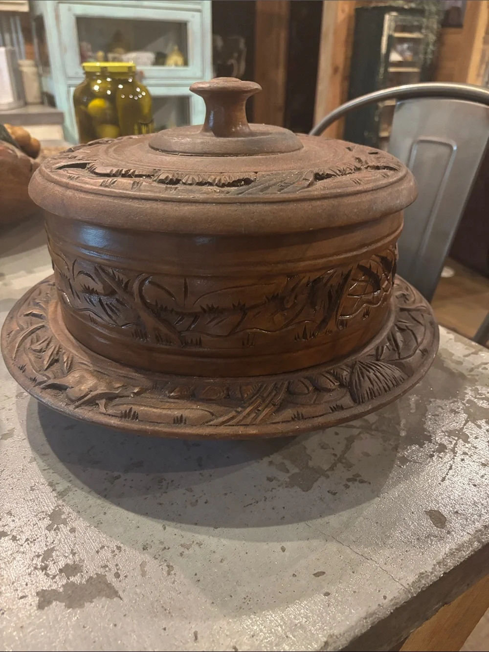 Carved Wooden Lidded  cake holder - Rich Brown Old unique wood . So pretty